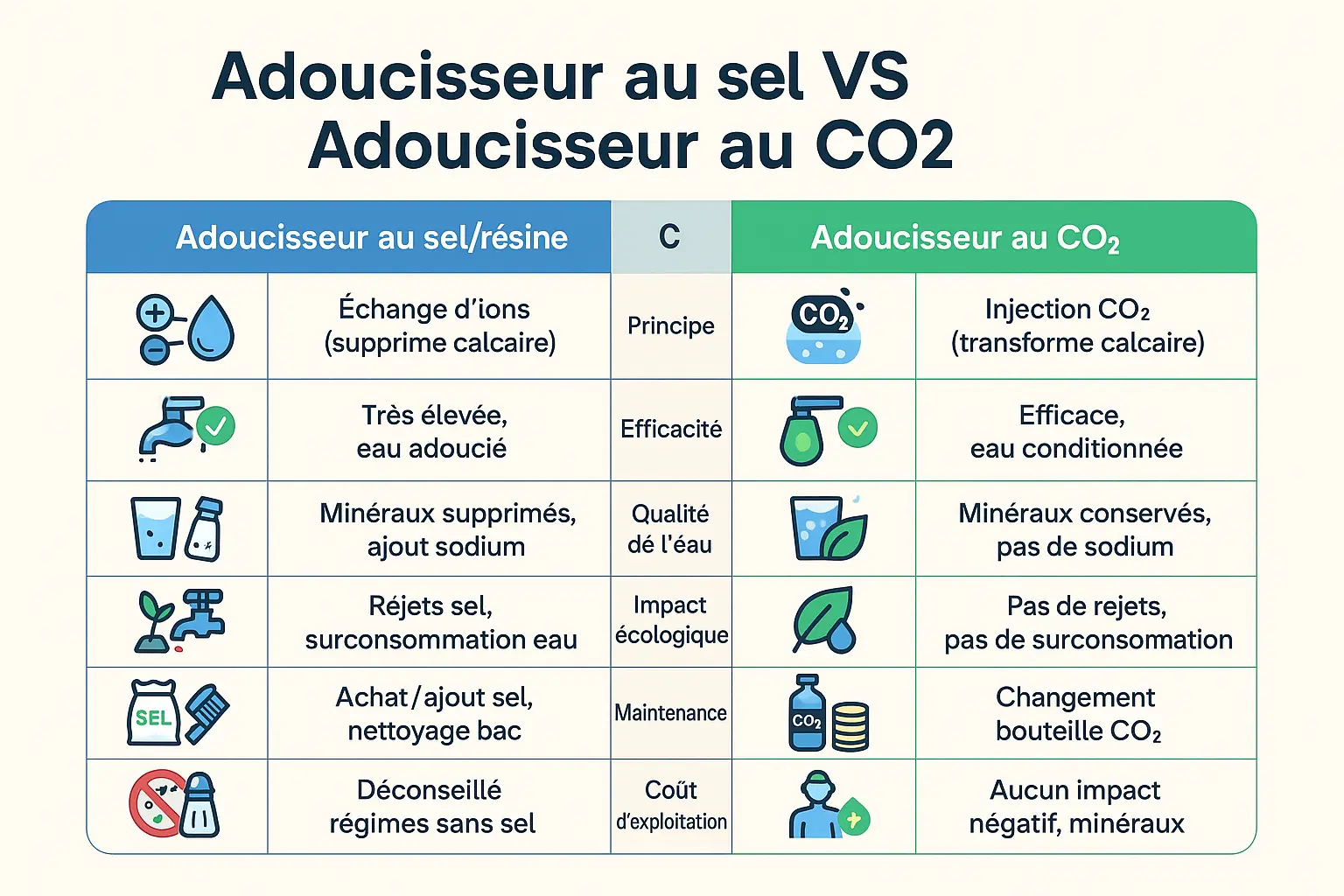 Comparaison visuelle adoucisseur sel vs CO2