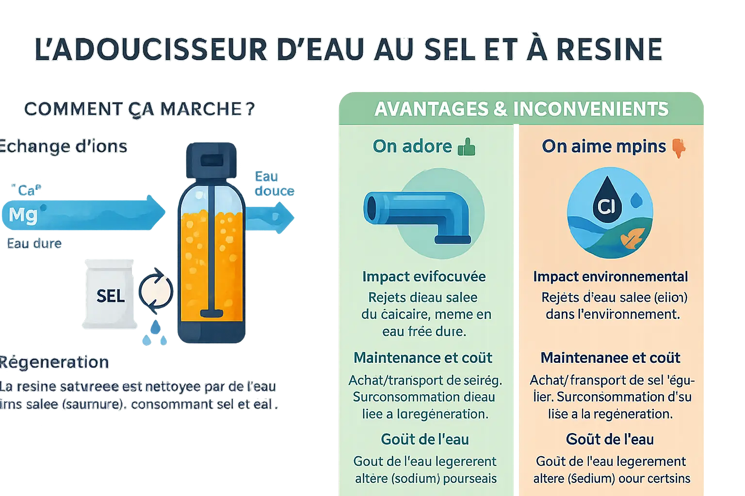 Fonctionnement d'un adoucisseur d'eau au sel et résine