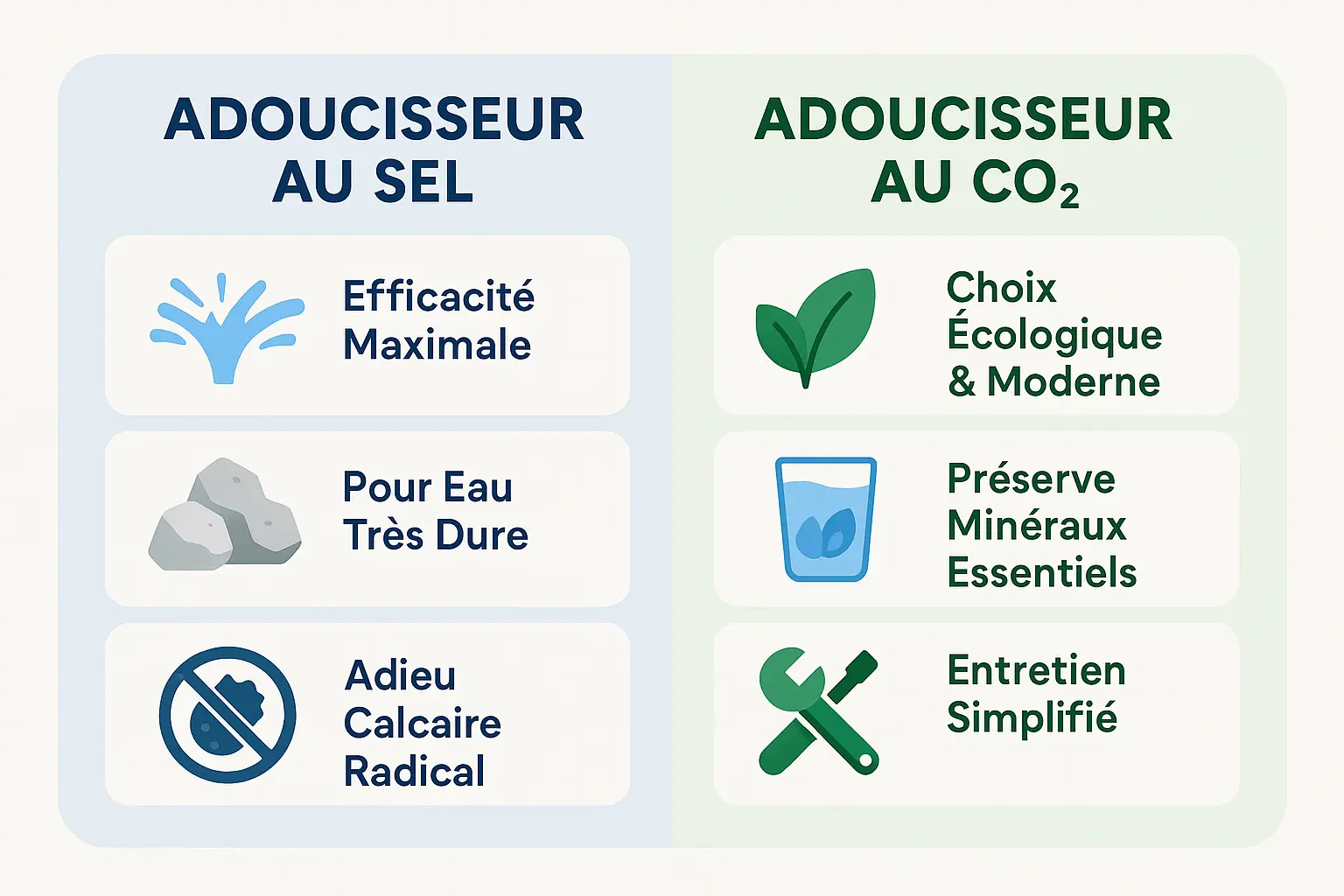Comparaison visuelle des adoucisseurs CO2 et sel/résine