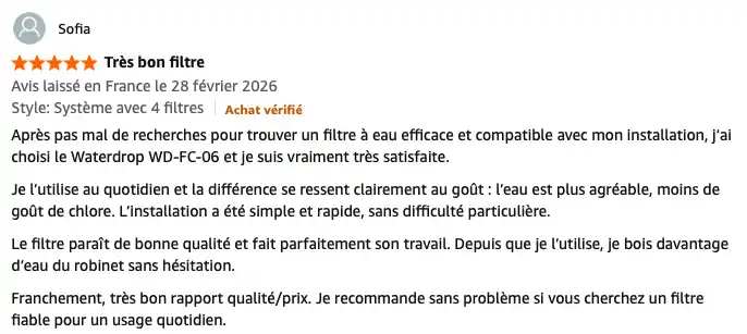 Avis utilisateur Waterdrop WD-FC-06
